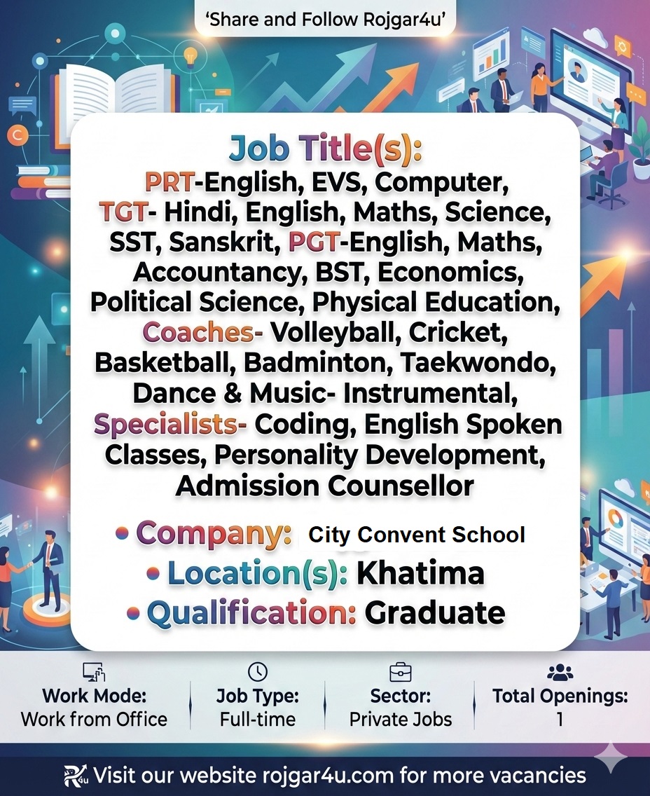 सिटी कॉन्वेंट स्कूल (Khatima) में PGT, TGT, PRT और कोच पदों पर भर्ती 2026 | Rojgar4u