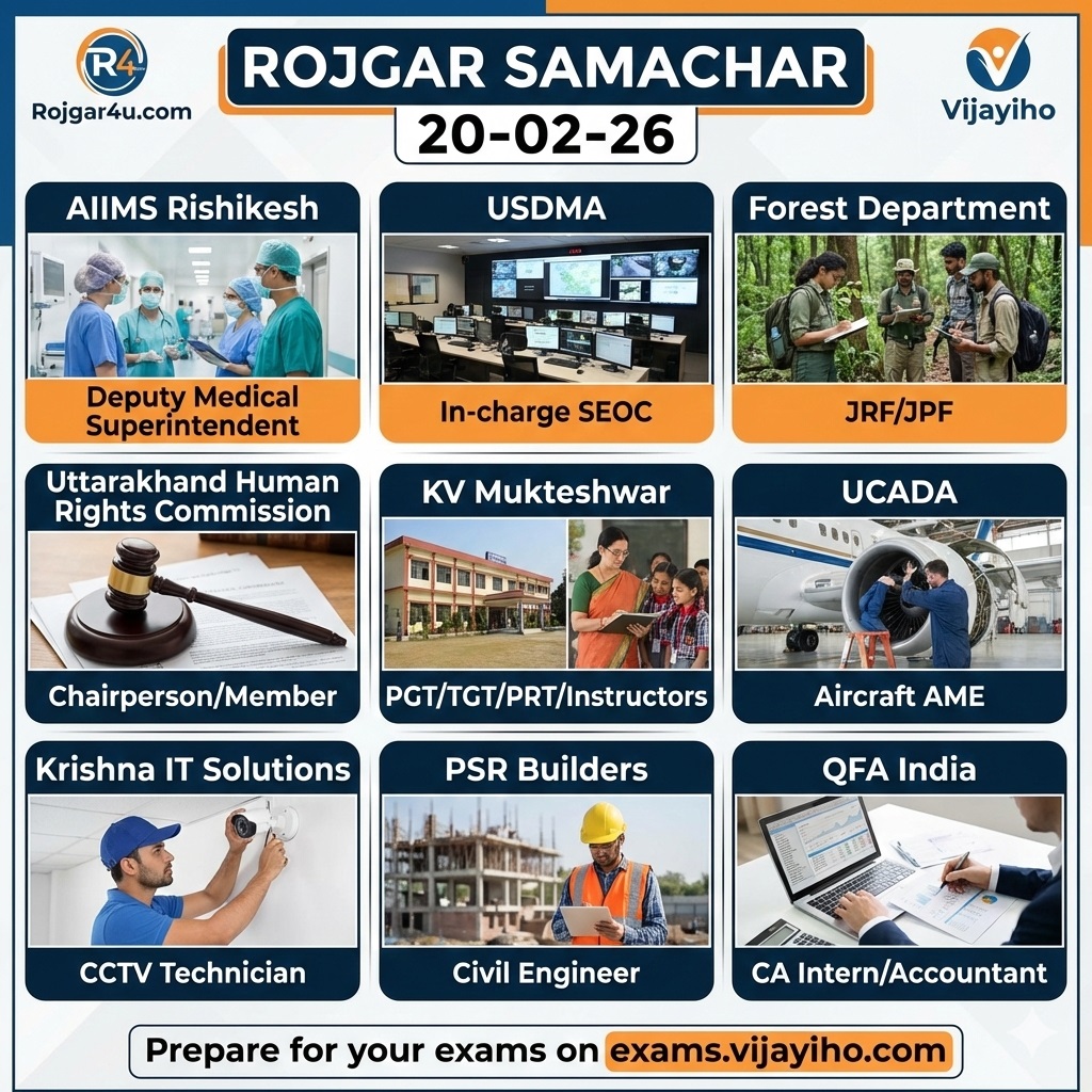 रोजगार समाचार 20 फरवरी 2026: AIIMS ऋषिकेश, वन विभाग, और उत्तराखंड में विभिन्न सरकारी व निजी भर्तियां