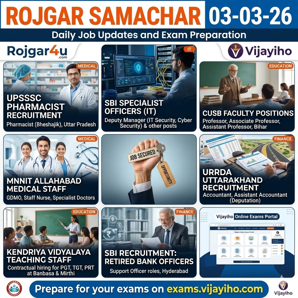 रोज़गार समाचार 03-03-2026: UPSSSC फार्मासिस्ट, SBI IT ऑफिसर और प्रोफेसर पदों की बड़ी भर्तियाँ